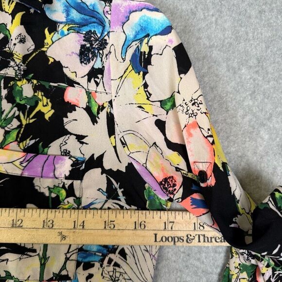 Express Portofino Womens XXS Button Front Shirt Black Multicolor Floral Outlined - Picture 3 of 6